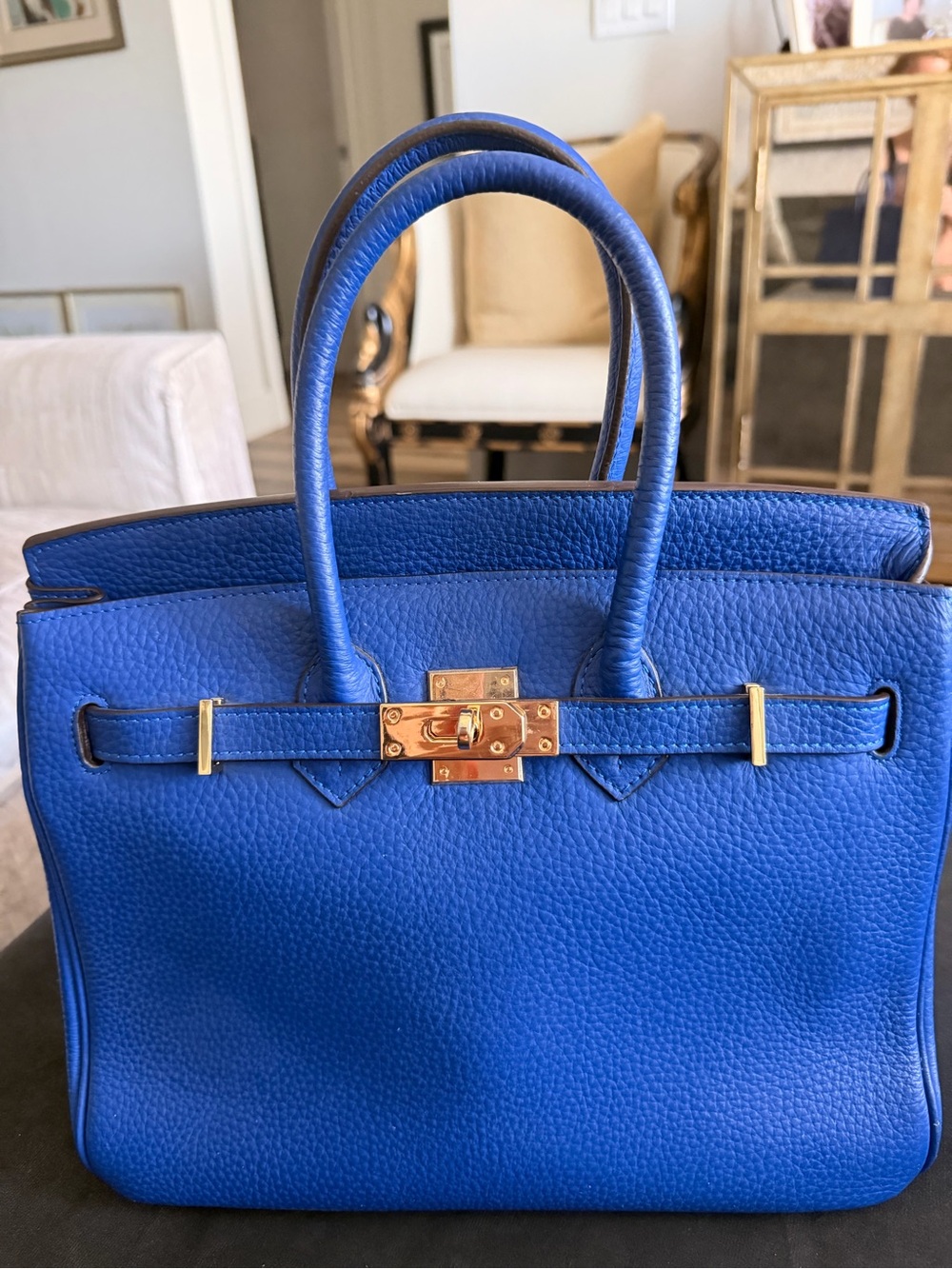 Classic Blue Pebbled Leather Top-Handle Satchel with Gold-Tone Hardware
